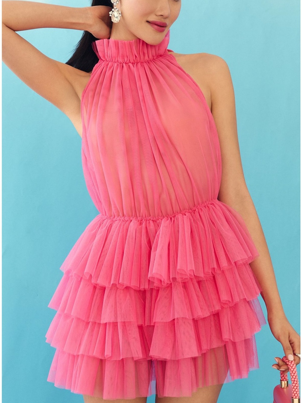 Anthropologie Pink Tiered Tulle Halter Mini Tunic